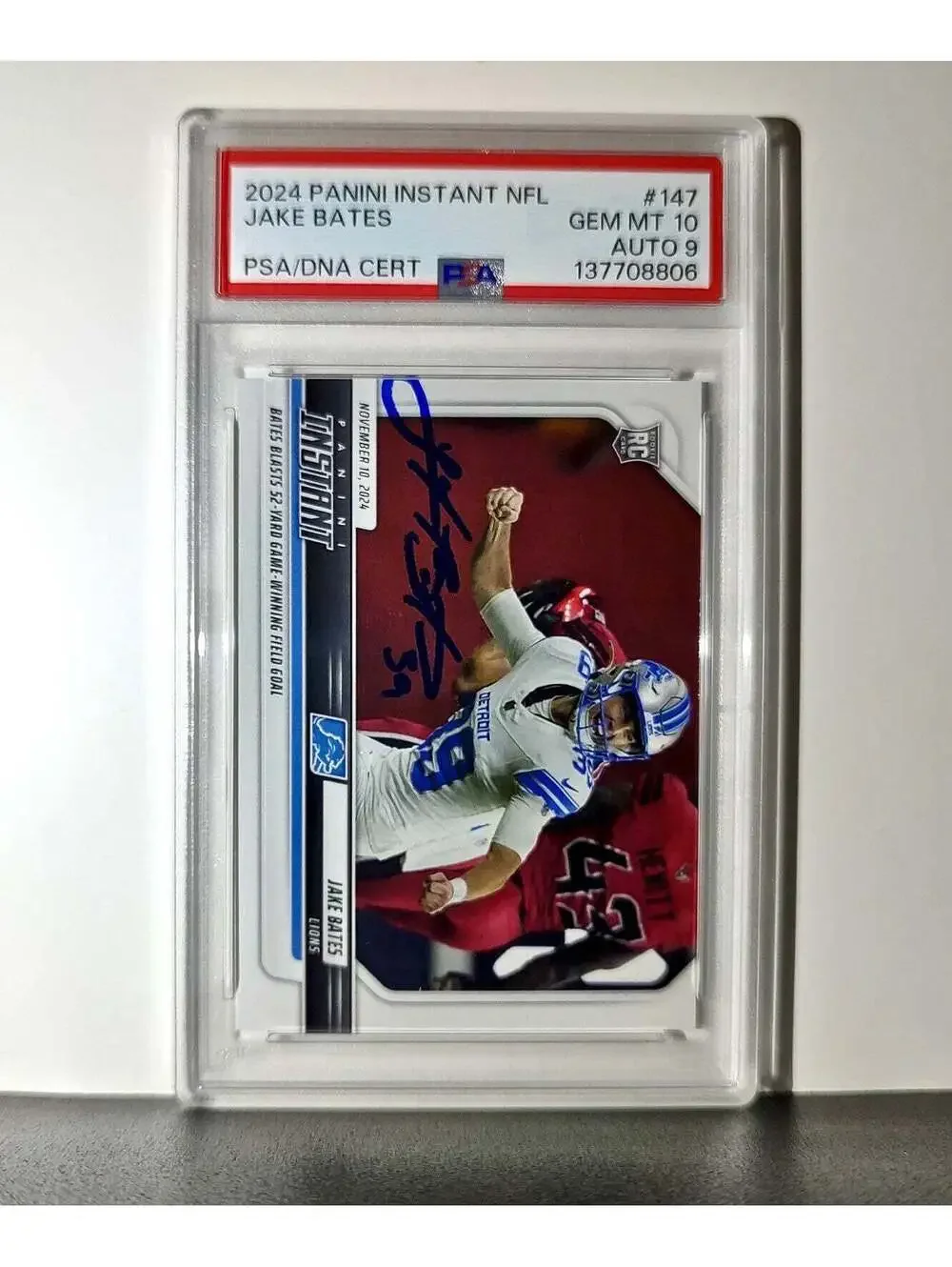 Jake Bates Rookie 2024 Panini NFL #147 Detroit Lions PSA 10 Auto 9